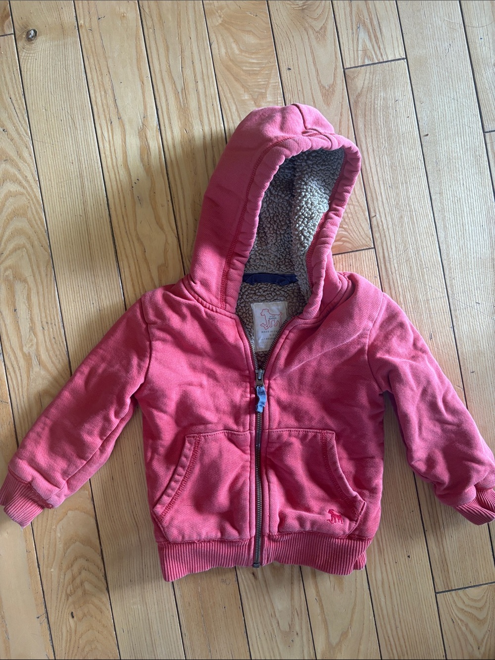 Mini Boden Red Hooded Zip-Up Sweatshirt with Sherpa Lining